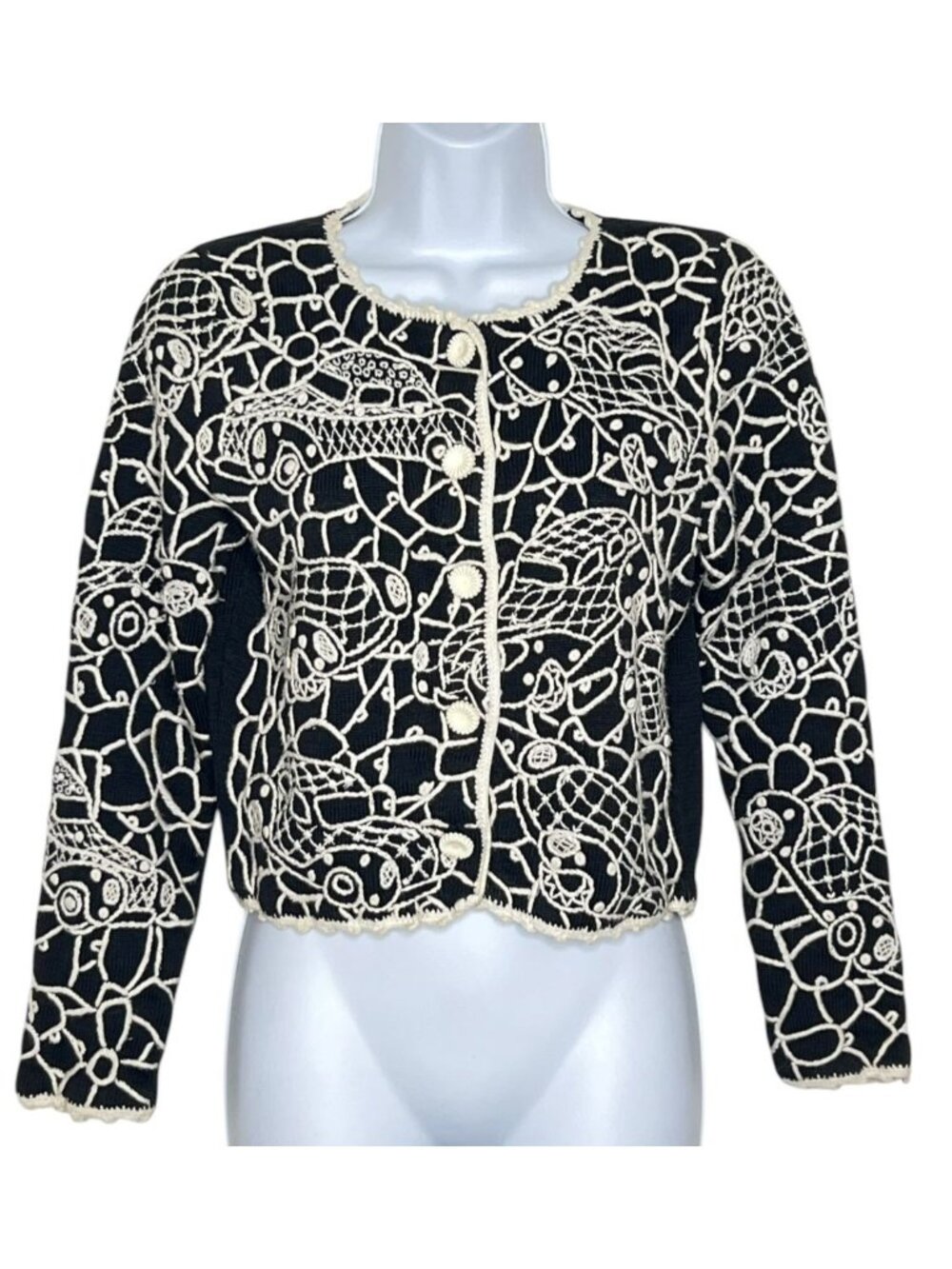 Michael Simon Vintage Cardigan Sweater Black White embroidered Car Motif Small